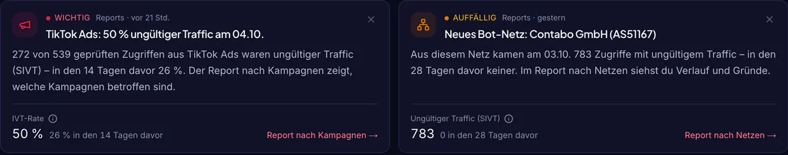 Ausschnitt mit Beispieldaten: automatische Hinweise, etwa zu ungültigem Traffic aus TikTok Ads und einem neuen Bot-Netz