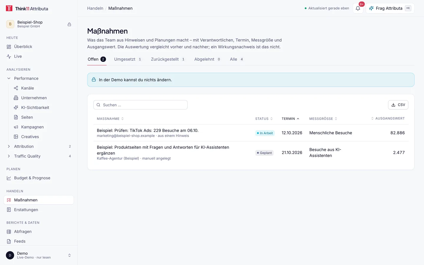 Maßnahmen, helles Design, mit Beispieldaten: Maßnahmen als Liste mit Status, Termin, Messgröße und Ausgangswert