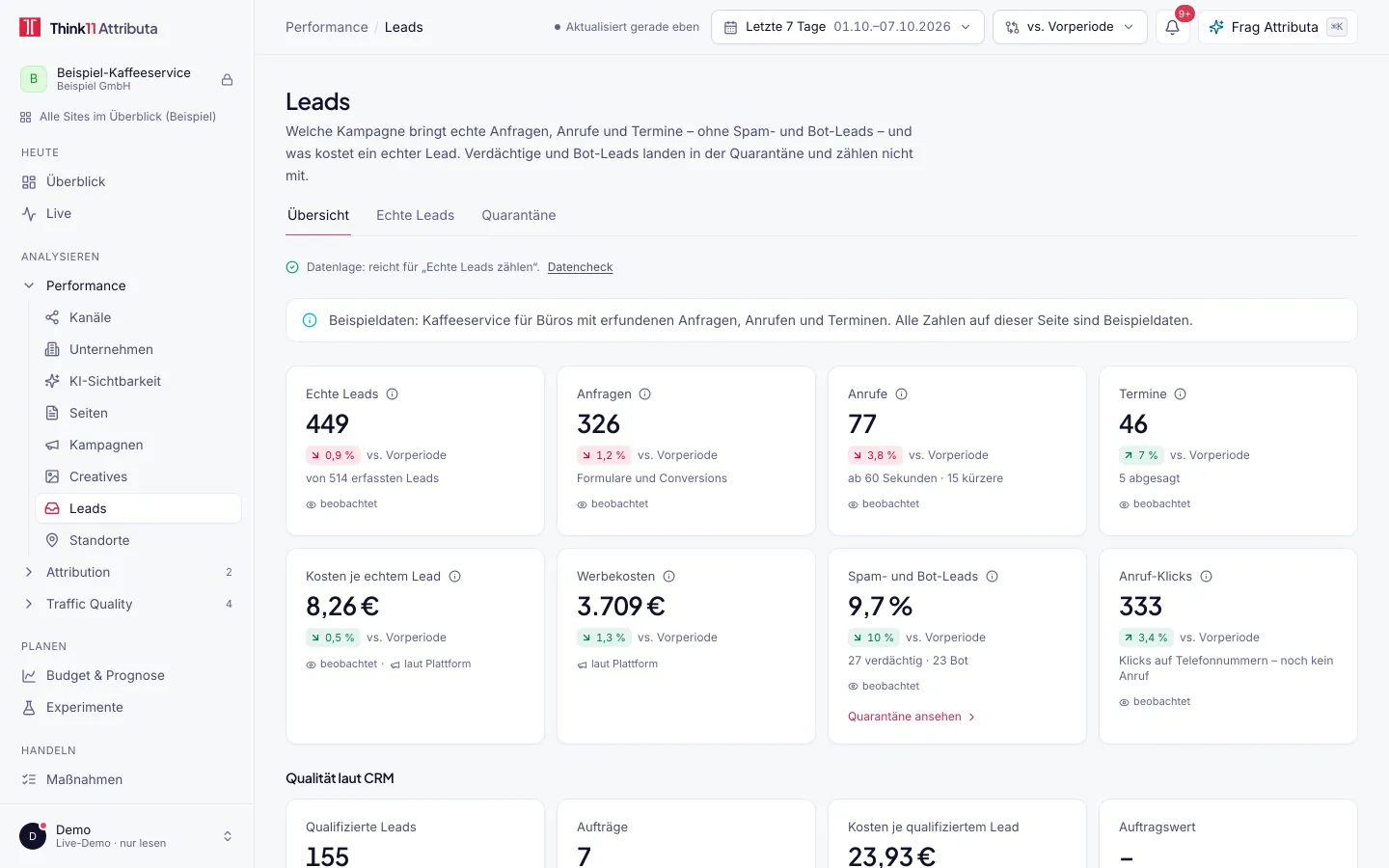 Lead-Erfassung in Think11 Attributa, mit Beispieldaten: Leads-Übersicht der Lead-Demo mit echten Leads, Anfragen, Anrufen, Terminen, Kosten je echtem Lead und dem Anteil der Spam- und Bot-Leads