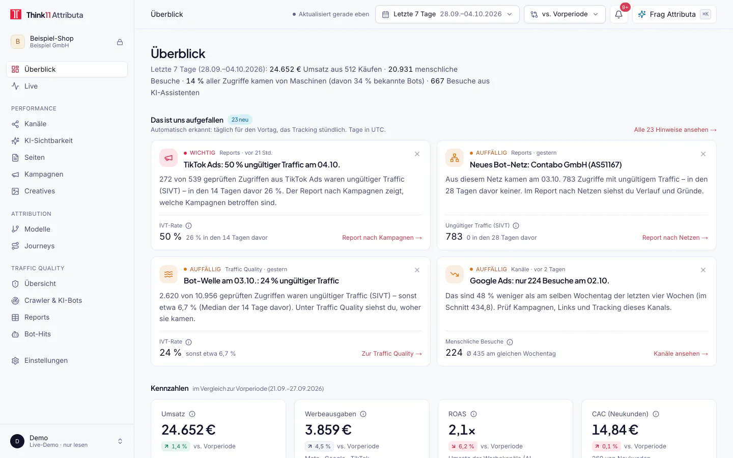 Überblick, helles Design, mit Beispieldaten: Überblick mit Umsatz, menschlichen Besuchen, Anteil der Maschinen, automatischen Hinweisen und Kennzahlen wie ROAS und CAC