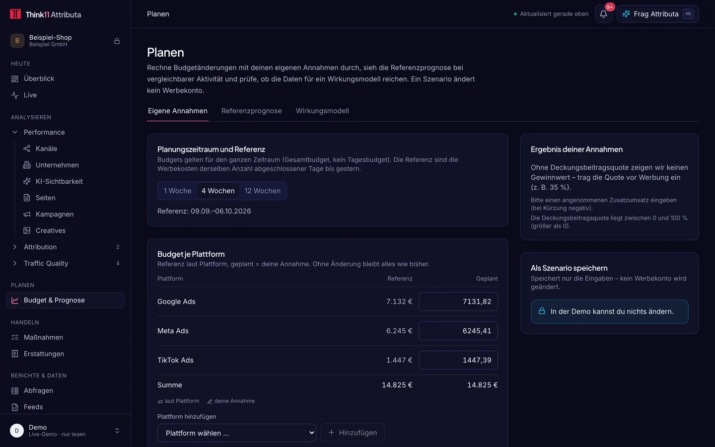 Planen, dunkles Design, mit Beispieldaten: Planen mit den Tabs Eigene Annahmen, Referenzprognose und Wirkungsmodell, Budget je Plattform mit Referenz und geplantem Wert
