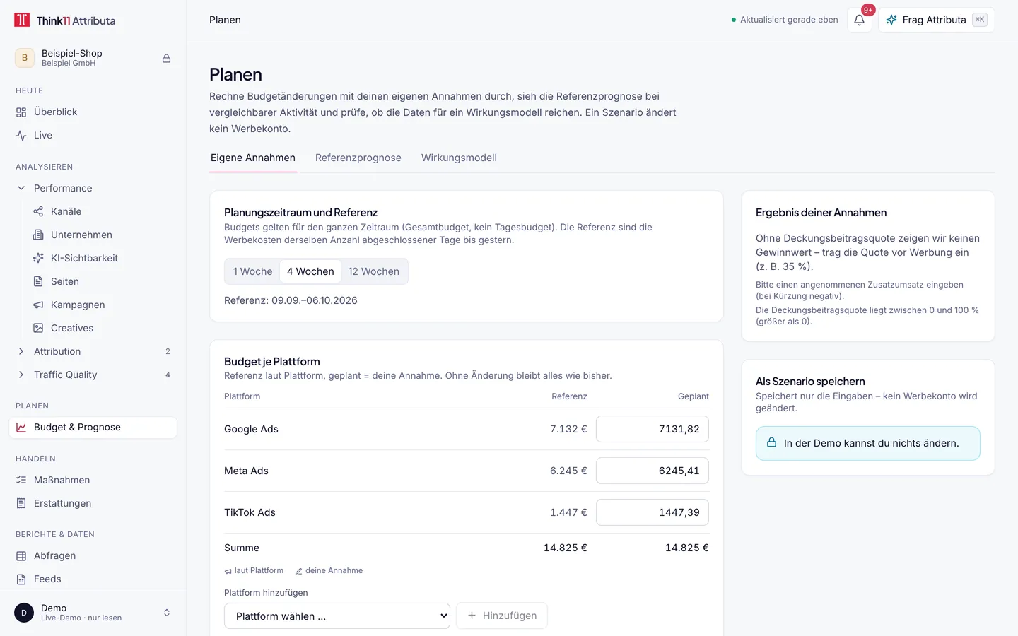 Planen, helles Design, mit Beispieldaten: Planen mit den Tabs Eigene Annahmen, Referenzprognose und Wirkungsmodell, Budget je Plattform mit Referenz und geplantem Wert