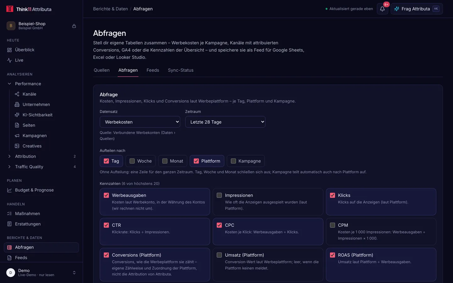 Abfragen, dunkles Design, mit Beispieldaten: Abfragen unter Berichte & Daten mit Datensatz, Zeitraum, Aufteilungen und Kennzahlen zur Auswahl