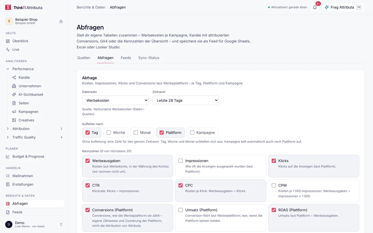 Abfragen, helles Design, mit Beispieldaten: Abfragen unter Berichte & Daten mit Datensatz, Zeitraum, Aufteilungen und Kennzahlen zur Auswahl