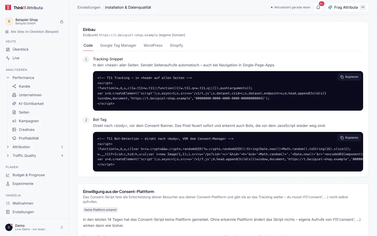 Tracking ohne Cookies in Think11 Attributa, mit Beispieldaten: Einbau unter Installation & Datenqualität: Tracking-Snippet für den Head und Bot-Tag direkt nach dem Body-Tag, je mit Code zum Kopieren